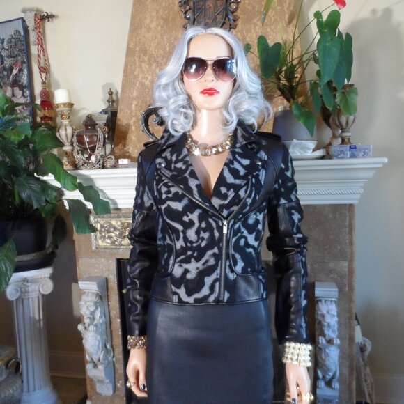 Diane Von Furstenberg Black Leather Skirt /Wool/Leather Moto Jacket Set Size 2/4 - Picture 4 of 16